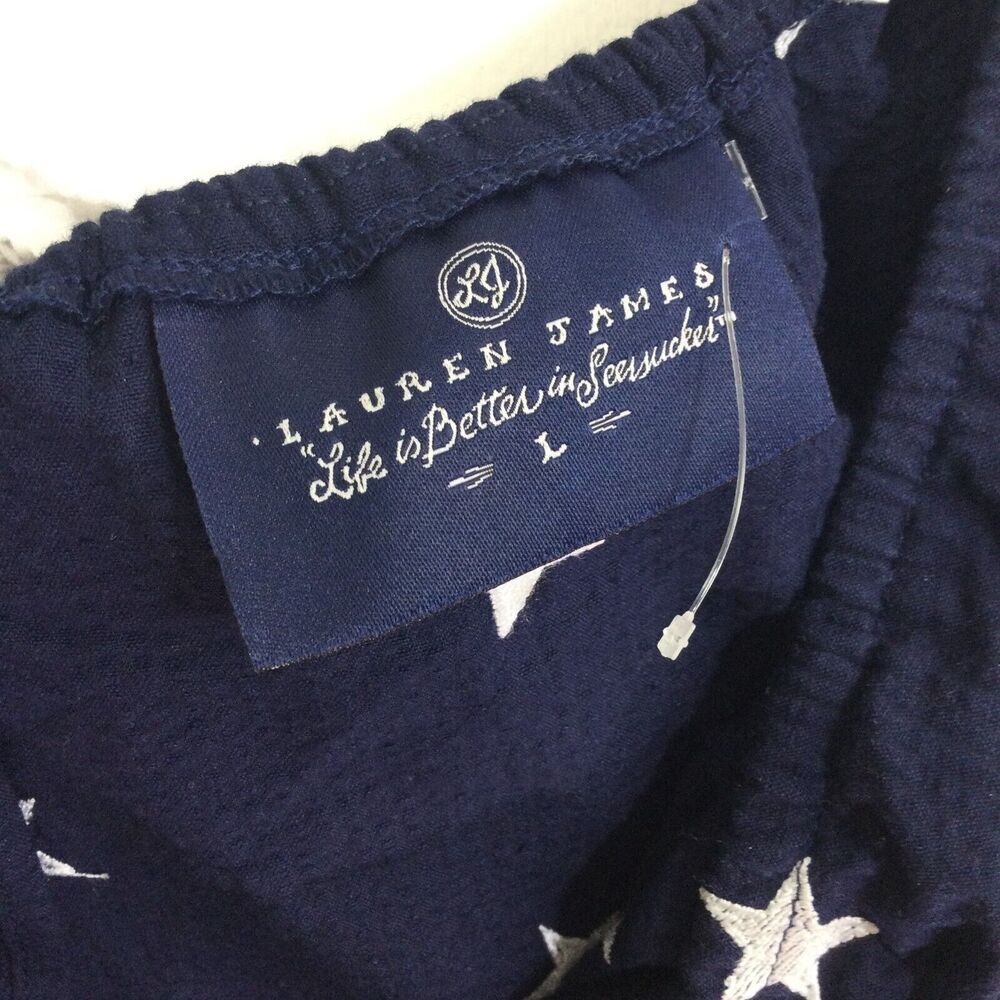 Lauren James Womens Stars Print Off the Shoulder Seersucker Bow Top Navy White L - Picture 7 of 11